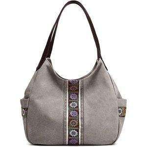 WorldLyda Canvas Hobo Womens Purse Bag Book Errand Tote Boho Grey